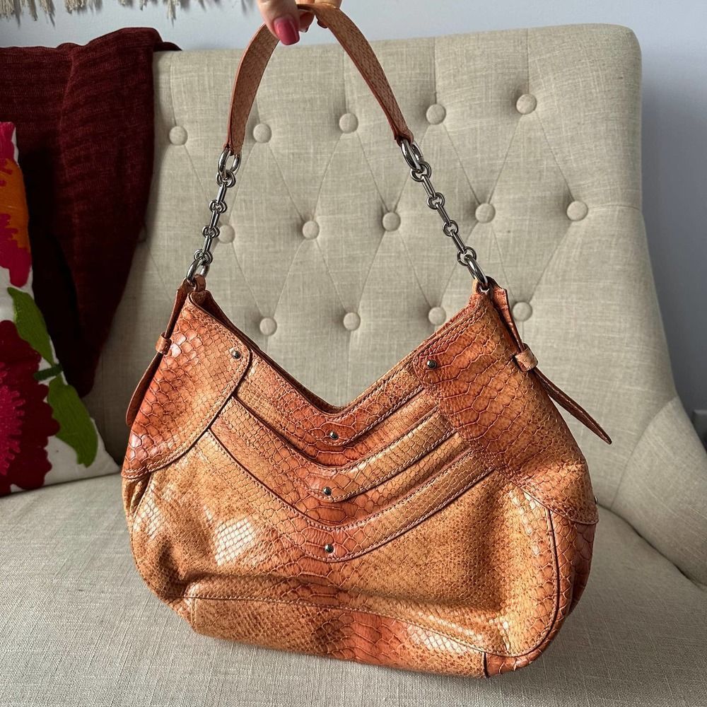 Y2K Cole Haan Peach Orange Tan Moc Croc Leather Purse Handbag Shoulder Bag
